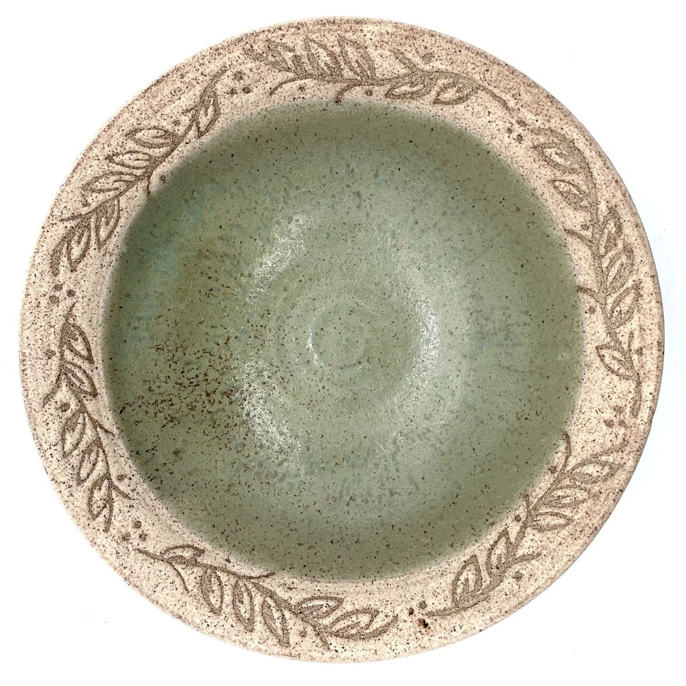Studio Pottery Ceramic Bowl Signed JF Leaf Pattern Handmade Vintage 9.5 Inch